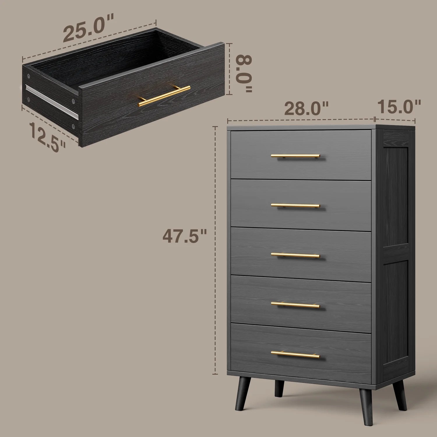 Bedroom Furniture Set - Includes Queen Bed Frame, Nightstands Set of 2, 5-Drawer Dresser & Double Wide 6-Drawer Dresser - Modern Storage Solution for Stylish Home Decor, Black