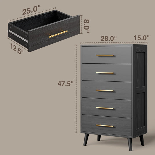 Bedroom Furniture Set - Includes Queen Bed Frame, Nightstands Set of 2, 5-Drawer Dresser & Double Wide 6-Drawer Dresser - Modern Storage Solution for Stylish Home Decor, Black