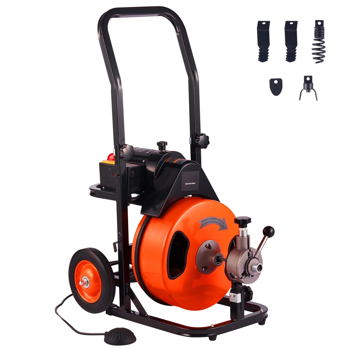 KFFKFF Drain Cleaning Machine 75FT x 3/8 Inch, Sewer Snake Machine Auto Feed, Drain Auger Cleaner with 4 Cutter & Air-Activated Foot Switch for 1" to 4" Pipes