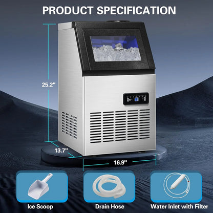 Commercial Ice Maker Machine 120LBS/24H Ice Maker, Stainless Steel Freestanding Ice Machine with 33LBS Storage Capacity, Self-Cleaning, 2 Water Inlet Modes,Ideal for Restaurant,Home,Bar