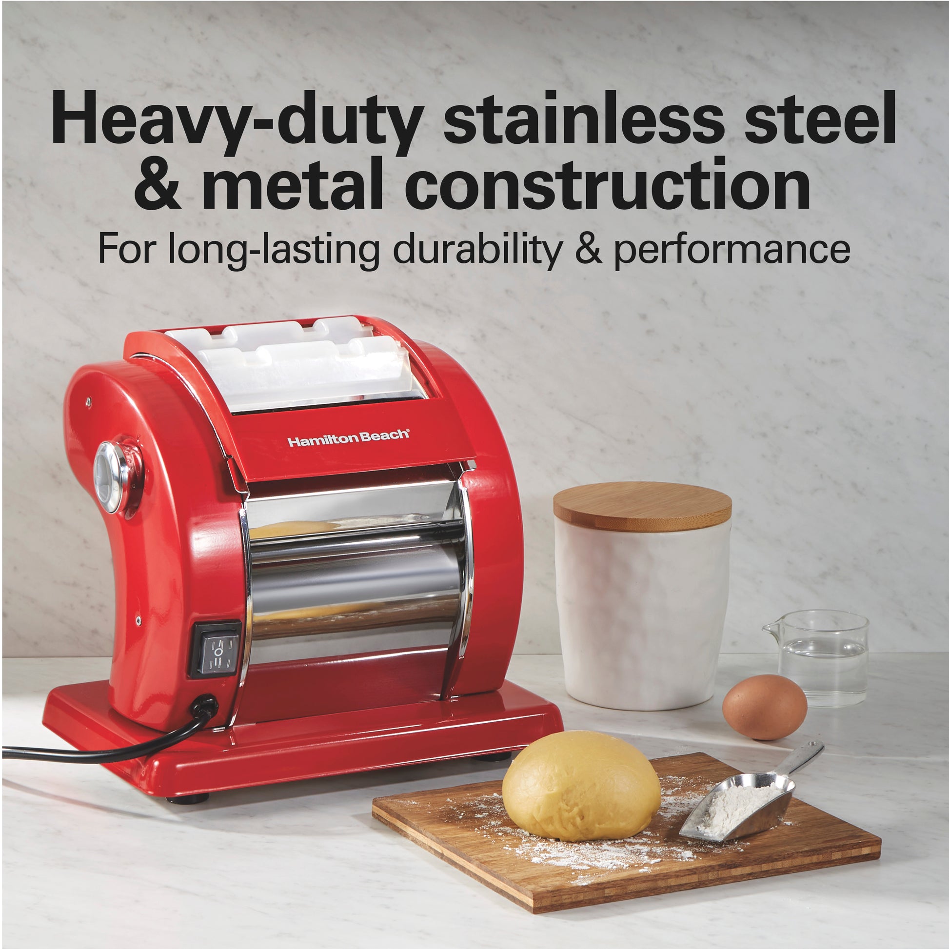 Hamilton Beach Electric Pasta Maker & Noodle Machine with 9 Adjustable Thickness Settings, Includes Spaghetti & Fettucine Cutter, Cutting Wheel, Cleaning Brush, Red