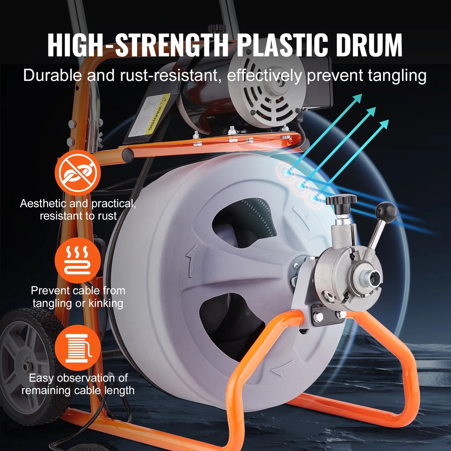 KFFKFF Drain Cleaning Machine 75FT x 1/2 Inch with Auto Feed, Mobile Drain Clearing Equipment, Includes 8 Cutters & Foot-operated Air Switch, Suitable for 2"-4" Pipes