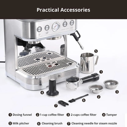 Espresso Machine with Built-in Grinder,Italian ULKA 15 Bar Espresso Machine - 85oz Water Tank, Dual PID Control, Milk Frother & Auto-Cleaning for Perfect Lattes and Cappuccinos
