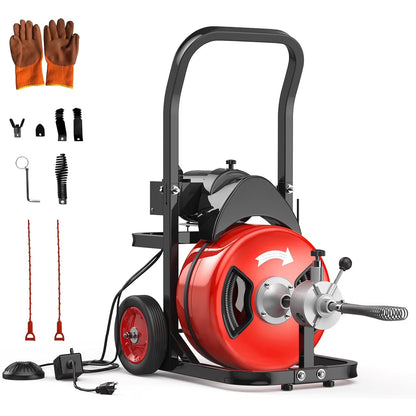 Roromall 75FT 100FT Electric Drain Cleaning Machine with 1/2-inch 3/4-inch Cable, 450W Auto Feed Portable Sewer Snake, Air-Activated Foot Switch, 4 Interchangeable Cutters for 2" to 4" Pipes