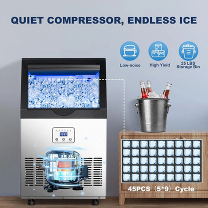 Ice Maker,110LBS/24H Commercial Ice Machine Stainless Steel Ice Maker Machine with 25LBS Capacity,45 Ice Cubes in 12-15 Minutes,Self-Cleaning,Ideal for Restaurant,Bars,Home,Includes Scoop
