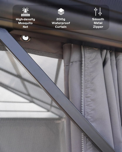 TROPOW Gazebos for Gardens,All Seasons Gazebos,Hardtop Gazebo 10'x13' for All Weather, Double Polycarbonate Sheets Roof, Aluminum Alloy Frame, Net, and Curtain, Permanent Building for Patio,Gray
