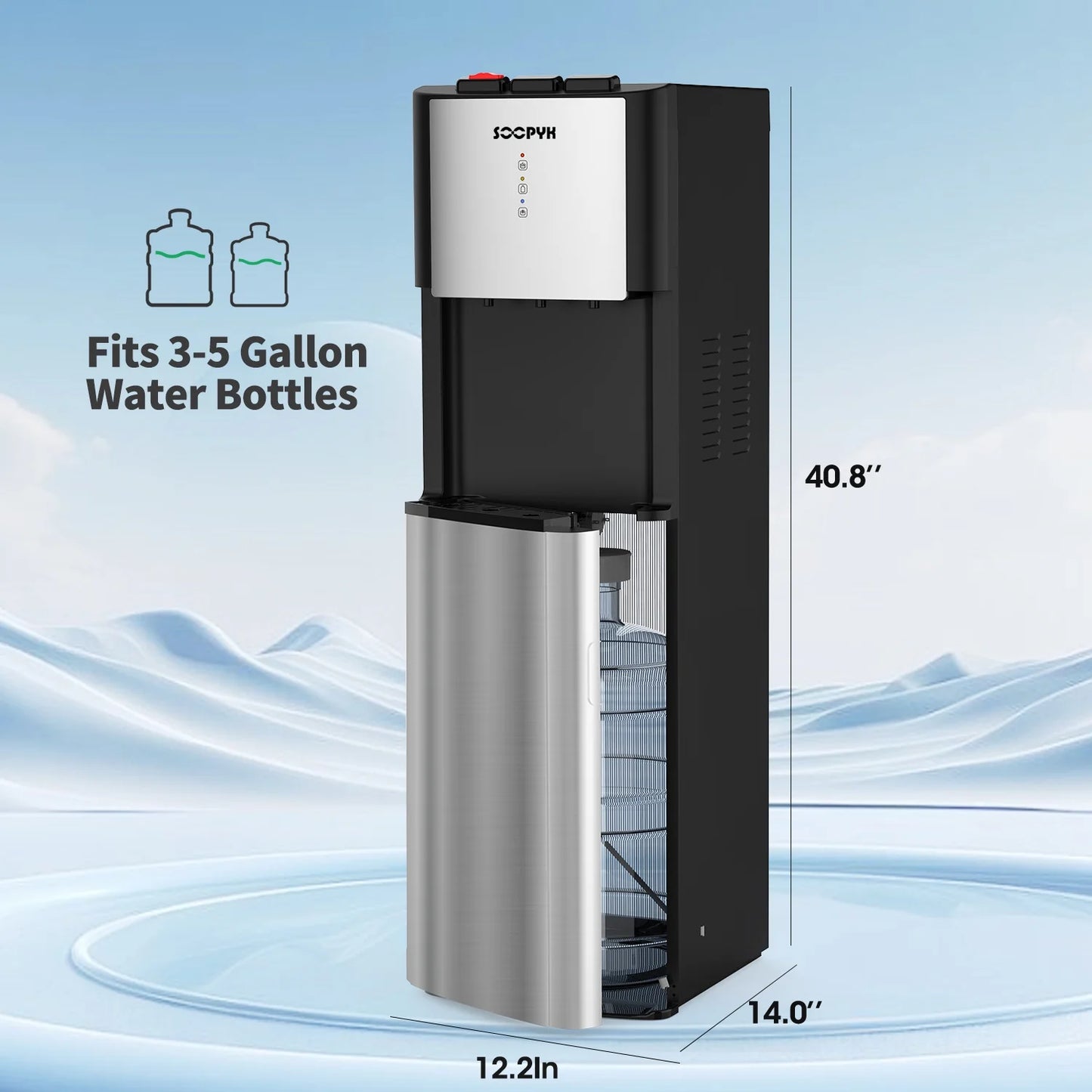 SOOPYK UV Self Cleaning Bottom Loading Water Cooler Dispenser for 5 Gallon Bottles 3 Temperatures, Child Safety Lock, LED Display with Empty Bottle Alert, Stainless Steel
