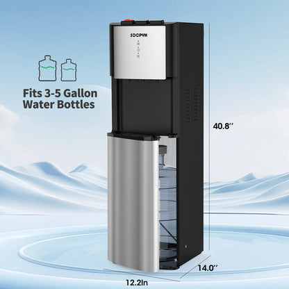 SOOPYK UV Self Cleaning Bottom Loading Water Cooler Dispenser for 5 Gallon Bottles 3 Temperatures, Child Safety Lock, LED Display with Empty Bottle Alert, Stainless Steel