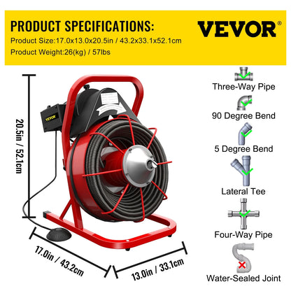 VEVORbrand Drain Cleaning Machine 75ft x 3/8 in Drain Cleaner Machines 250W Electric Drain Auger for 1" to 4" Pipes Electric Drain Snake Sewer Snake Drill w/ Cutters & Glove