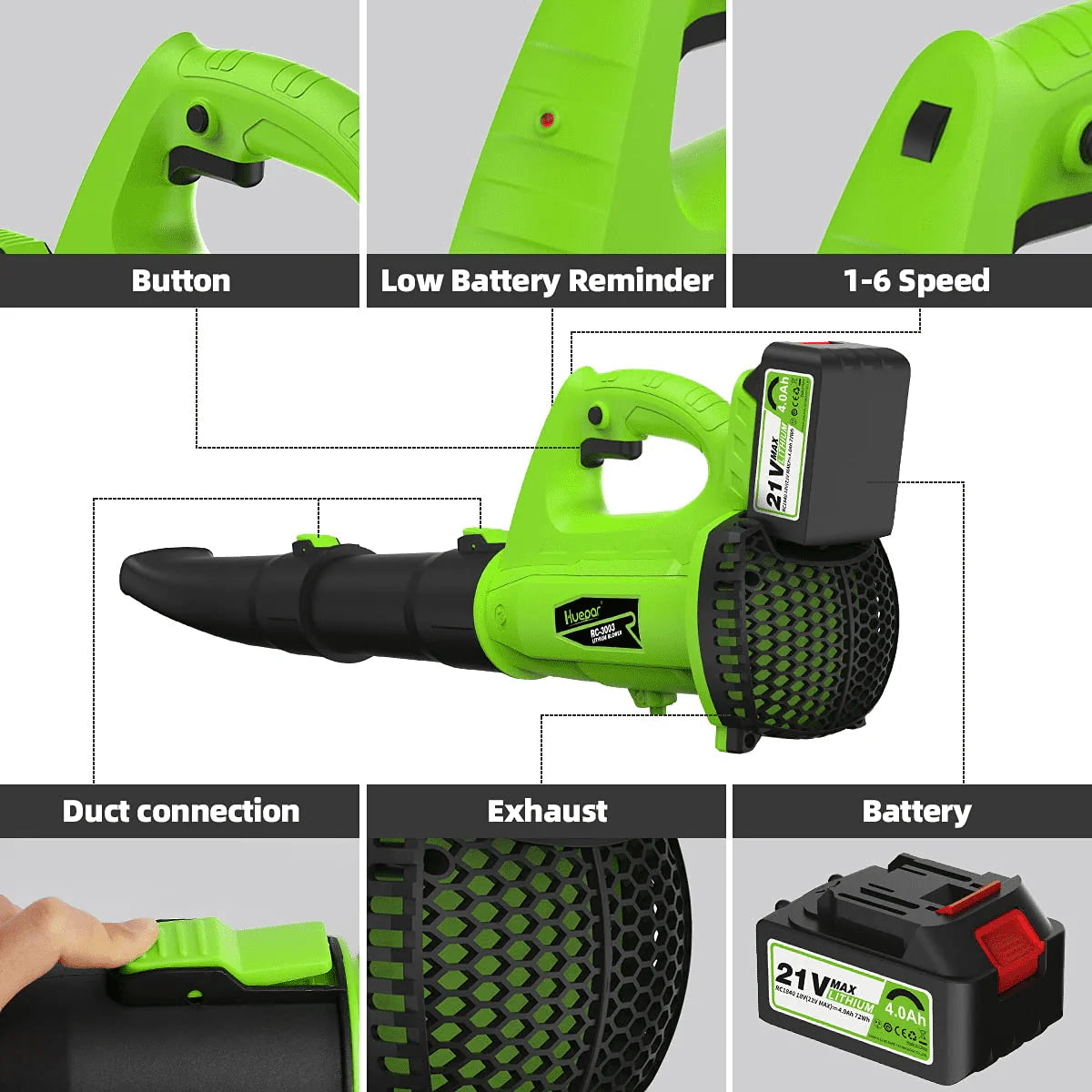 Huepar 21V Cordless Leaf Blower, 135MPH 321CFM 6 Speed Electric Blower for Garden, Yard and Lawn Cleaning & Snow Blowing with 4.0Ah Li-ion Battery RC3003
