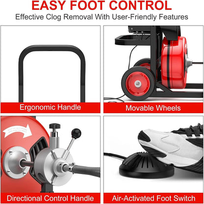 Kselythan 75 FTx1/2 Inch Drain Cleaning Machine, Auto Feed Sewer Snake Drill with Wheels, Pipe Spiral Cleaner with 4 Cutters and Pneumatic Foot Switch, for 2" to 4" Pipes