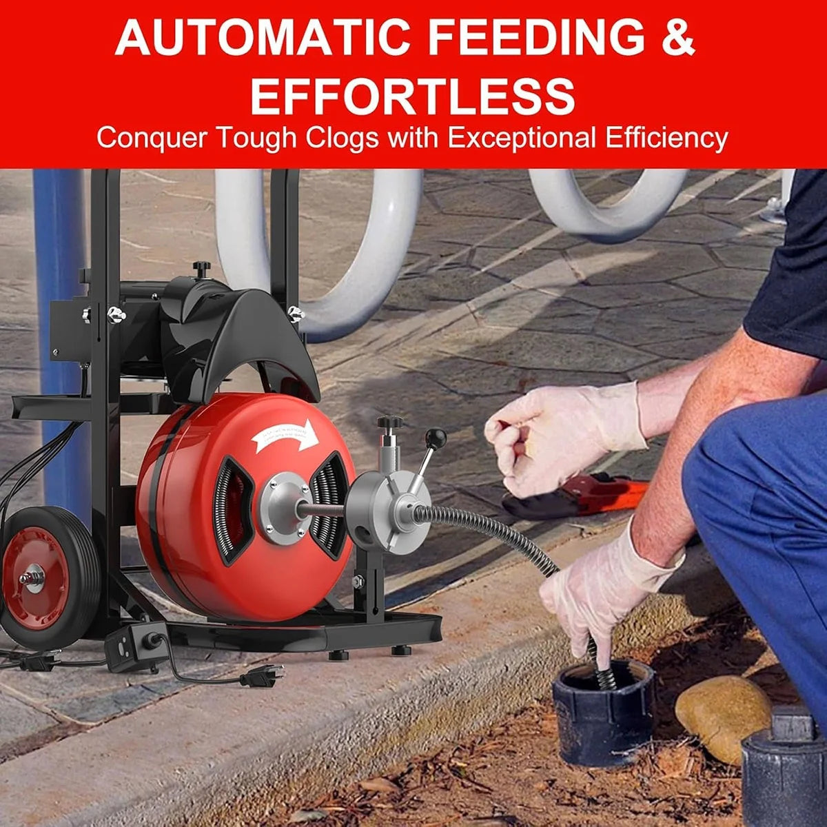 Kselythan 75 FTx1/2 Inch Drain Cleaning Machine, Auto Feed Sewer Snake Drill with Wheels, Pipe Spiral Cleaner with 4 Cutters and Pneumatic Foot Switch, for 2" to 4" Pipes