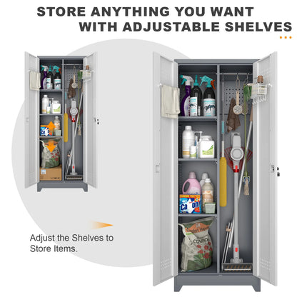 Marcree Broom Closet Storage Cabinet with Lock,65" Tall Garage Storage Cabinet with Hanging Rod,Multifunctional Garage Storage Broom Closet with Doors,Cleaning Tool Cabinet