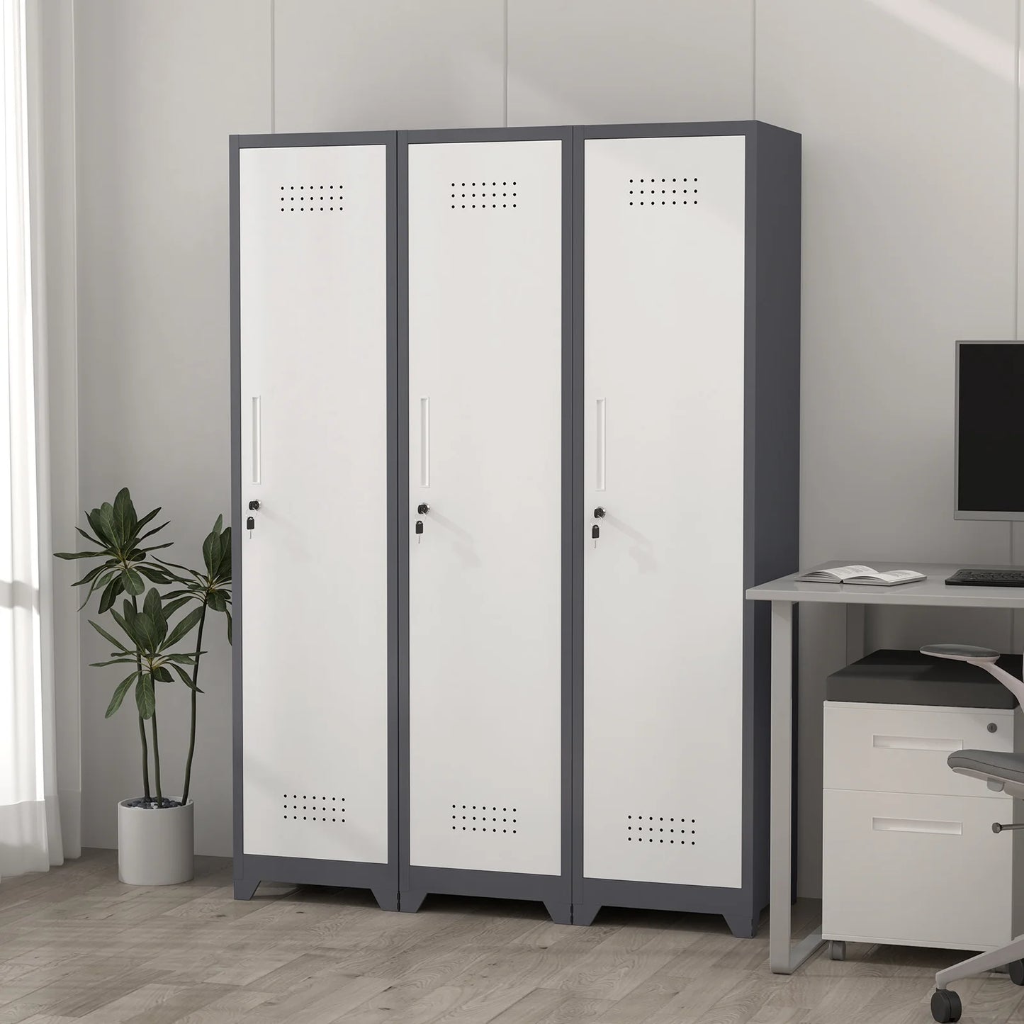 Marcree 65" H Slim Broom Storage Cabinet, Metal Broom Closet with Shelves and Hanging Rod, Utility Cabinet for Brooms and Mops, Tall Cleaning Storage Cabinet for Kitchen, Pantry, Office, Shop, Garage