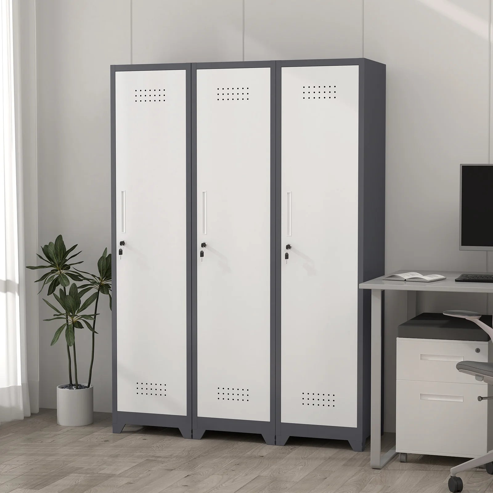 Marcree 65" H Slim Broom Storage Cabinet, Metal Broom Closet with Shelves and Hanging Rod, Utility Cabinet for Brooms and Mops, Tall Cleaning Storage Cabinet for Kitchen, Pantry, Office, Shop, Garage