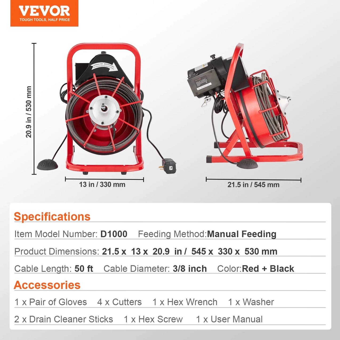 VEVOR Drain Cleaner Machine 50FT x 3/8 Inch, Sewer Snake Auger Manual Feed, 250W Electric Drain Cleaning Machine with 4 Cutters & Air-activated Foot Switch for 2" to 4" Pipes