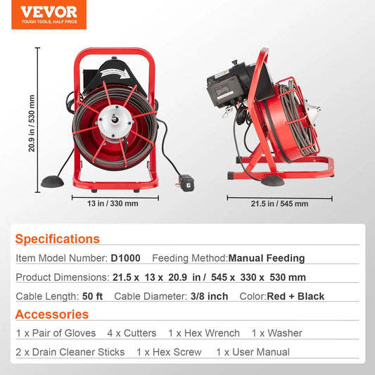VEVOR Drain Cleaner Machine 50FT x 3/8 Inch, Sewer Snake Auger Manual Feed, 250W Electric Drain Cleaning Machine with 4 Cutters & Air-activated Foot Switch for 2" to 4" Pipes