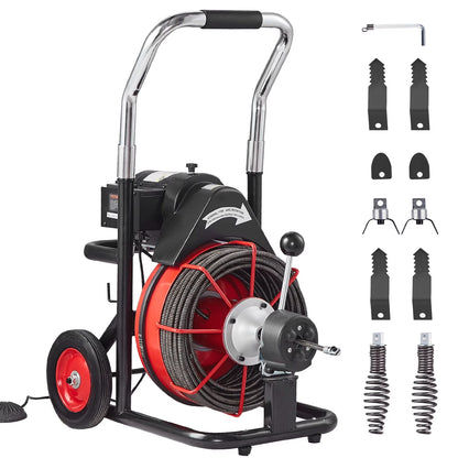 VEVOR Drain Cleaner Machine 100FT x 3/8 Inch, Auto Feed Sewer Snake Auger on Wheels, 370W Portable Drain Cleaning Machine with 8 Cutters & Air-activated Foot Switch for 2" to 4" Pipes