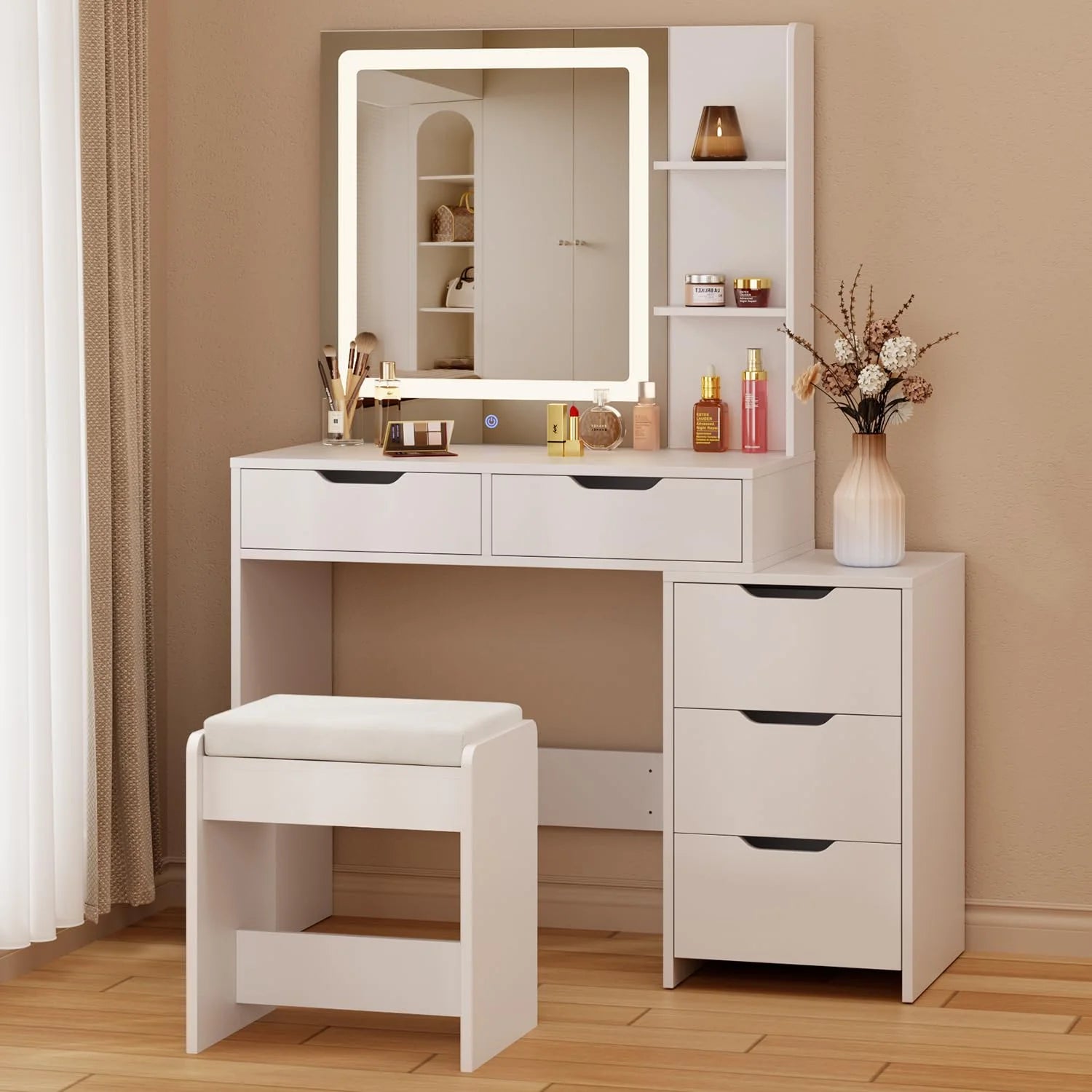 Bedroom Furniture Set - Includes Queen Bed Frame, Nightstands Set of 2, 5-Drawer Dresser & Vanity Desk - Modern Storage Solution for Stylish Home Decor, Beige/White