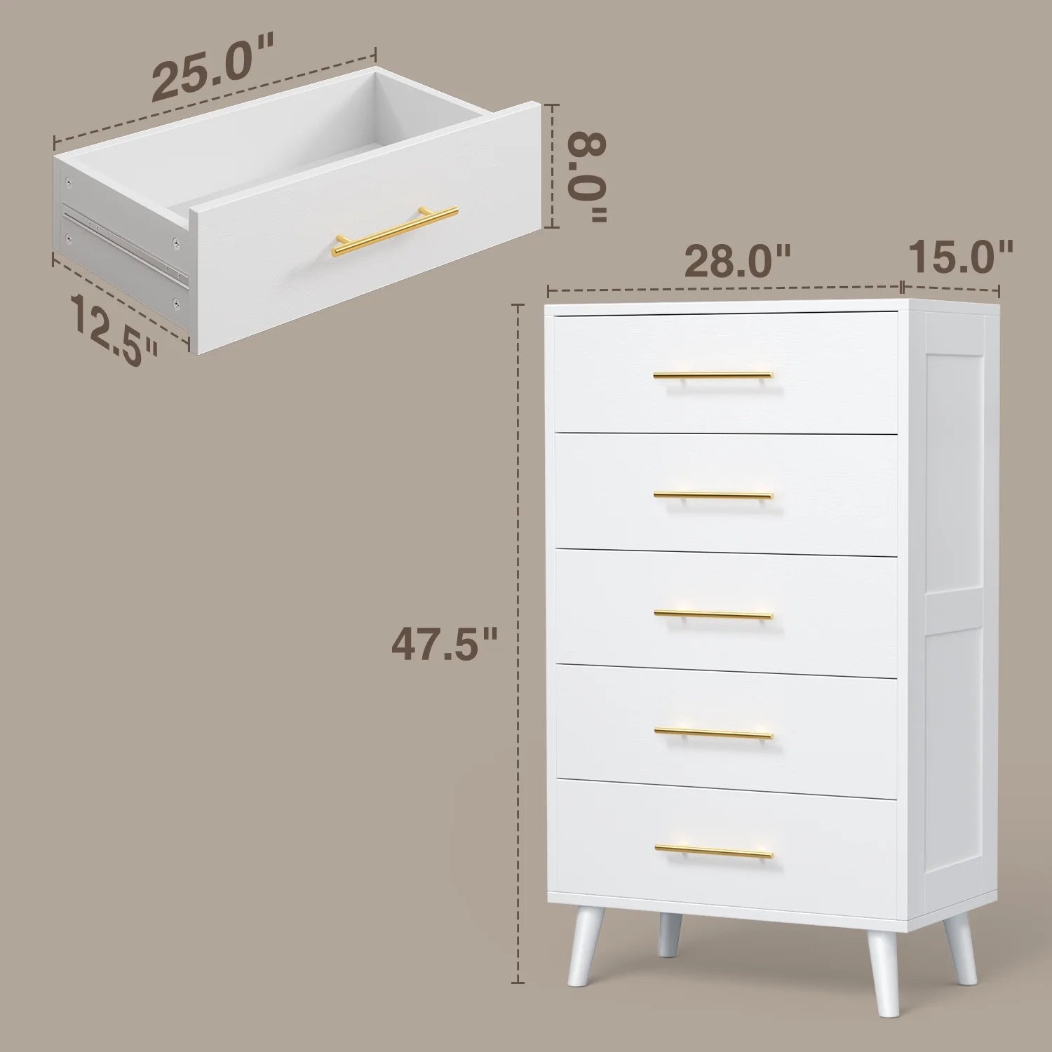 Bedroom Furniture Set - Includes Queen Bed Frame, Nightstands Set of 2, 5-Drawer Dresser & Vanity Desk - Modern Storage Solution for Stylish Home Decor, Beige/White