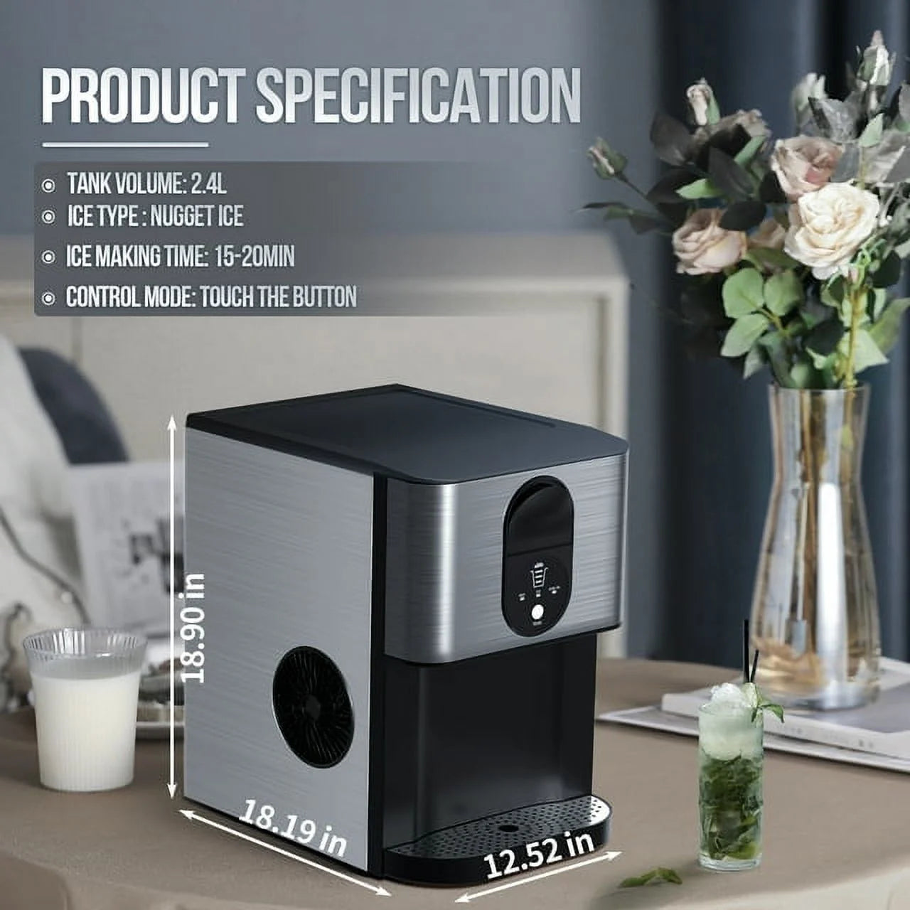 Auseo Soft Chewable Nugget Ice Maker Countertop, 44lbs /24H, Self-Cleaning, One-Button Operation, Home/Kitchen/Office/Party, Silver