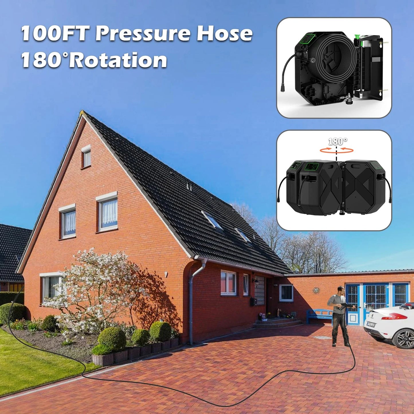 Wall Mounted Pressure Washer - 5000 PSI, 3.6 GPM Electric Power Washer with 100FT Retractable Hose, 5-Stage Adjustable Pressure, Foam Cannon & 5 Nozzles for Car, Lane, Patio Cleaning, Black