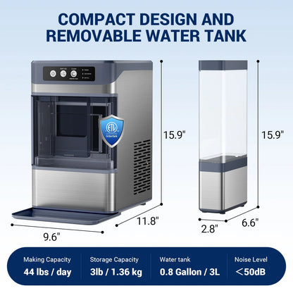 Ecojoy Stainless Steels Portable Countertop Nugget Ice Maker Machine, 44Lbs/24H with 0.8 Gallon Tank,Soft Chewable Pellet Ice Ready in 5-10min, Self-Cleaning