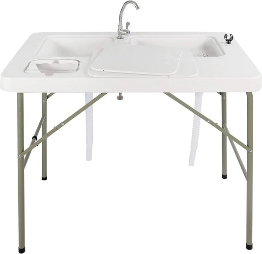Folding Fish Cleaning Table, Outdoor Camping Sink Station with Sink & Faucet Drainage Hoses, Portable Camping Sink Table for Beach Fishing Patio Picnic