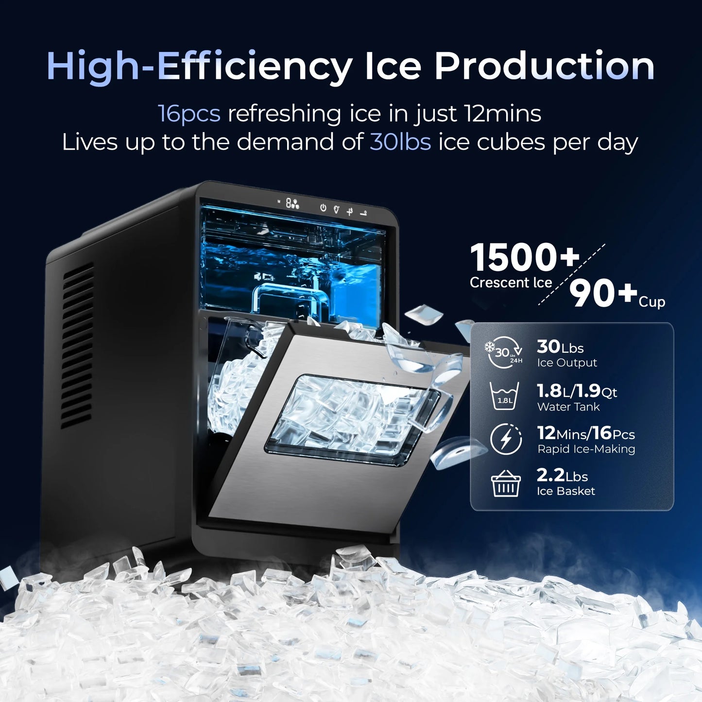 Simzlife Crescent Ice Makers Countertop, 35.9Lbs/24H, 16Pcs in 12Mins, Auto Deep Cleaning, Timer, Portable Crescent Ice Maker Countertop with Crystal-Clear Ice Cubes for Home/Office/Party