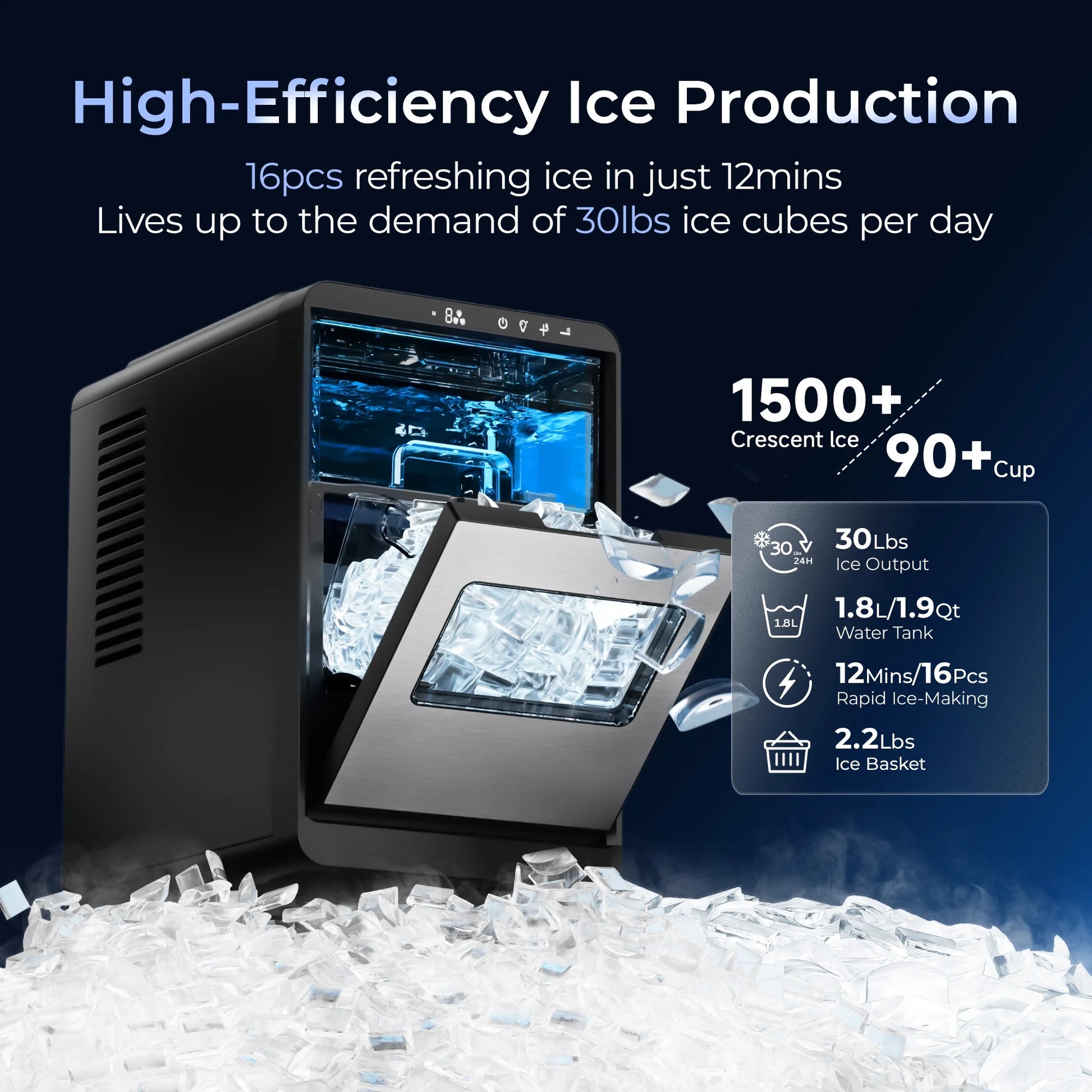 Simzlife Crescent Ice Makers Countertop, 35.9Lbs/24H, 16Pcs in 12Mins, Auto Deep Cleaning, Timer, Portable Crescent Ice Maker Countertop with Crystal-Clear Ice Cubes for Home/Office/Party