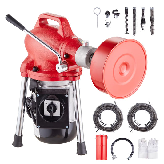 KFFKFF Electric Drain Cleaning Machine, 120FT x 5/8 Inch, 370W, Manual Operation - Includes 3 Steel Cables, 7 Cutting Heads, and Reversible Control for Pipes 1.6" to 4"