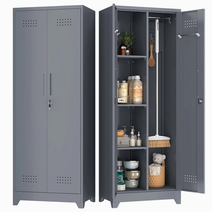 Marcree Broom Closet Storage Cabinet,Cleaning Supply Storage Cabinet,Metal Cleaning Closet Cabinet with Adjustable Shelves for Laundry Room Basement