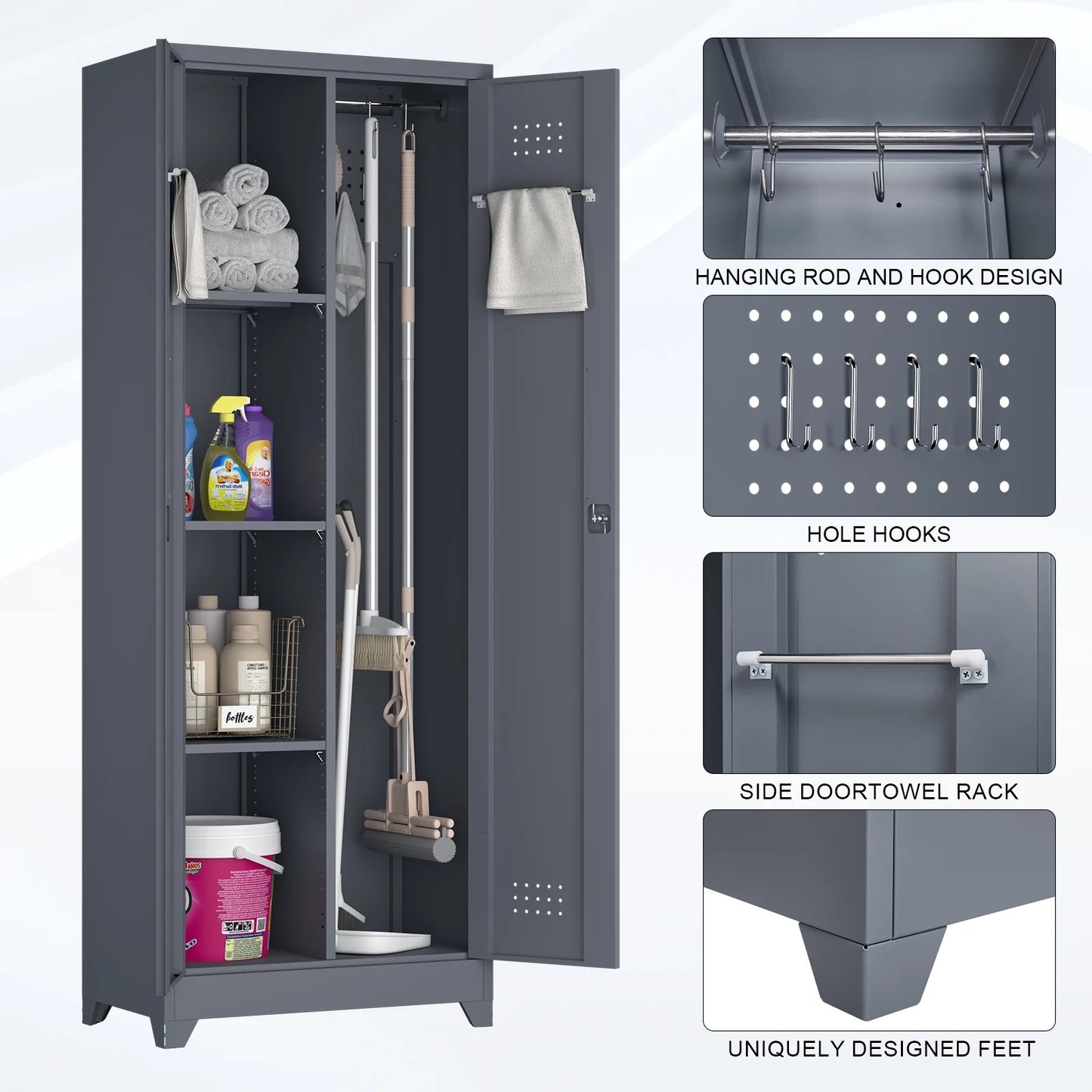 Marcree Broom Closet Storage Cabinet with Lock,65" Tall Garage Storage Cabinet with Hanging Rod,Multifunctional Garage Storage Broom Closet with Doors,Cleaning Tool Cabinet