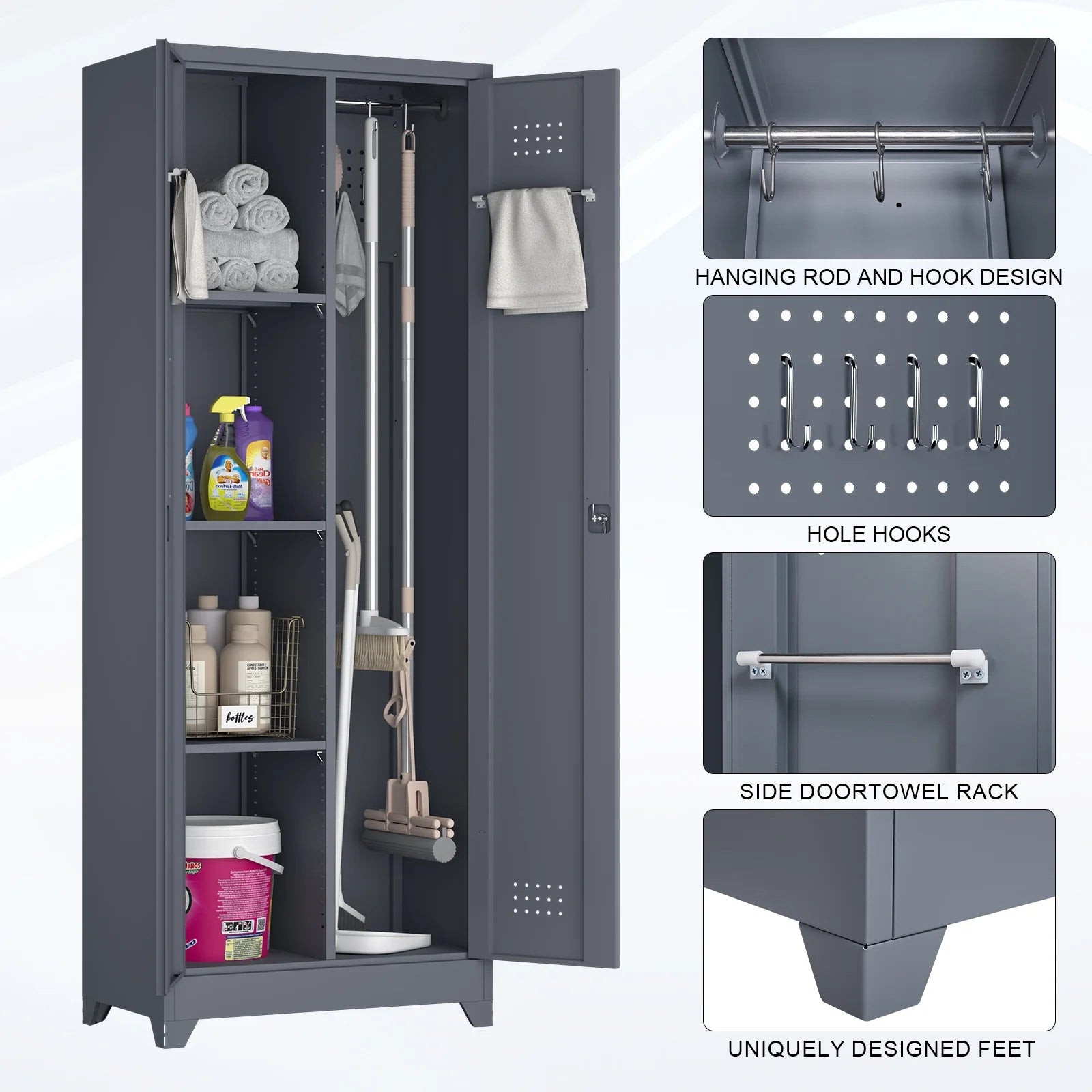 Marcree Broom Closet Storage Cabinet with Lock,65" Tall Garage Storage Cabinet with Hanging Rod,Multifunctional Garage Storage Broom Closet with Doors,Cleaning Tool Cabinet