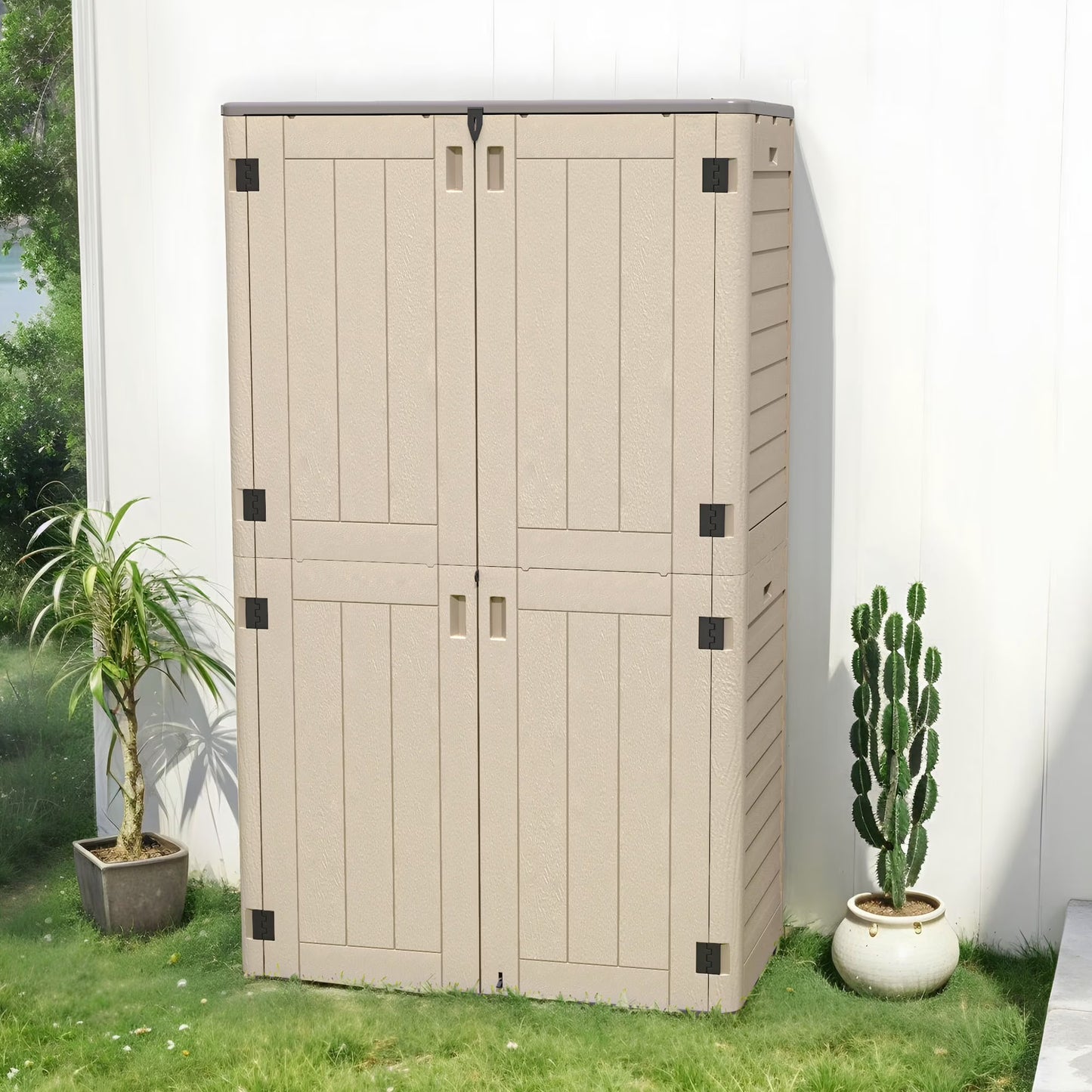 Wooflex 6.7 ft Tall Garage Cabinet with Lockable Double Doors, Resin Storage for Cleaning Supplies, Vacuums, Portable Household Organizer, Woodgrain Brown