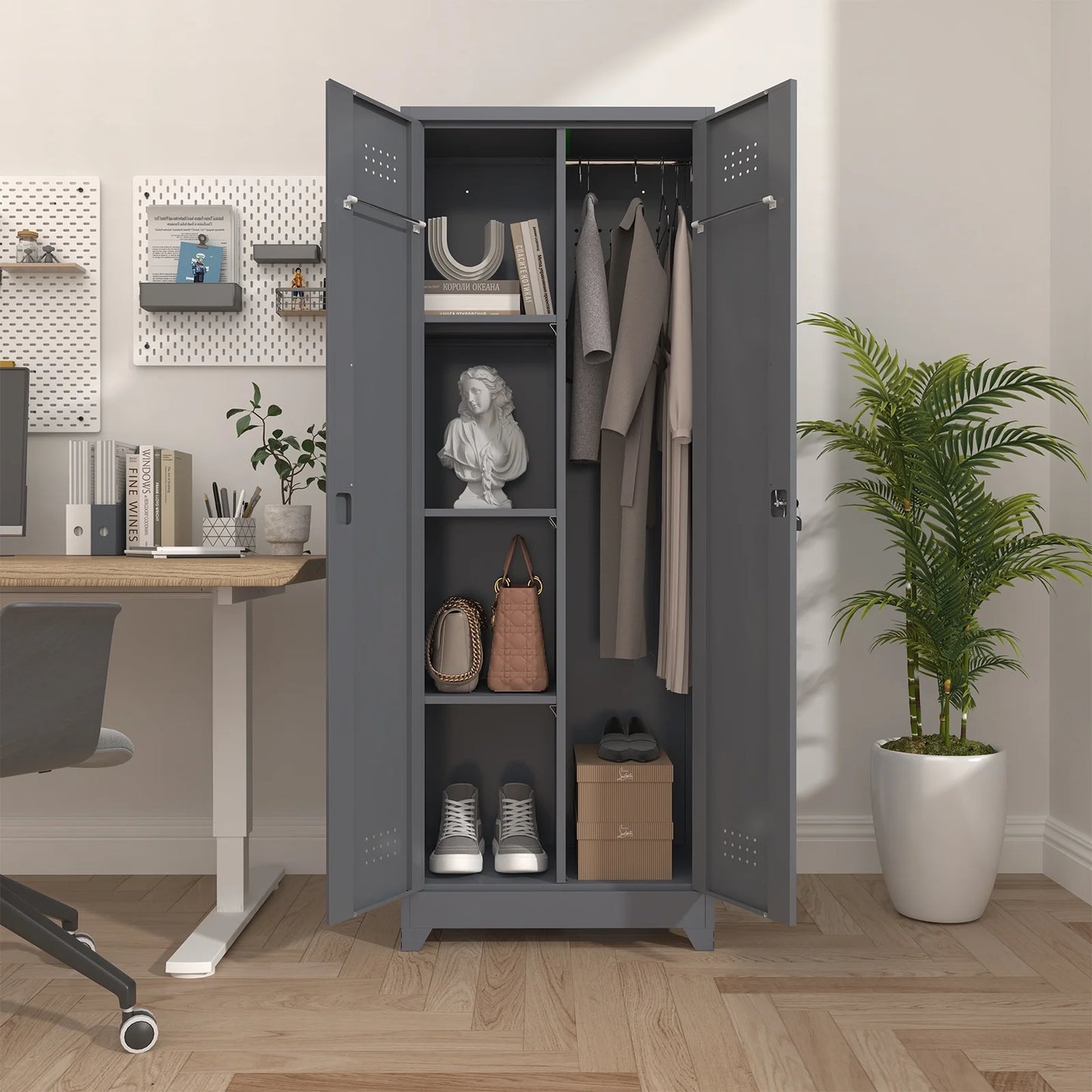 Marcree Broom Closet Storage Cabinet,Cleaning Supply Storage Cabinet,Metal Cleaning Closet Cabinet with Adjustable Shelves for Laundry Room Basement