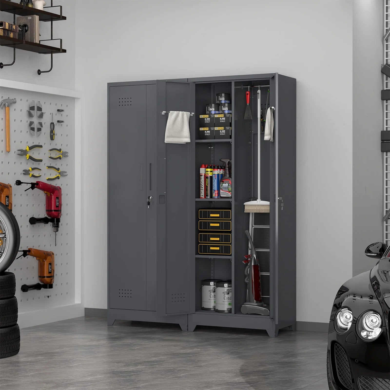 Marcree Broom Closet Storage Cabinet with Lock,65" Tall Garage Storage Cabinet with Hanging Rod,Multifunctional Garage Storage Broom Closet with Doors,Cleaning Tool Cabinet