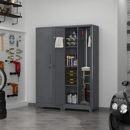 Marcree Broom Closet Storage Cabinet with Lock,65" Tall Garage Storage Cabinet with Hanging Rod,Multifunctional Garage Storage Broom Closet with Doors,Cleaning Tool Cabinet