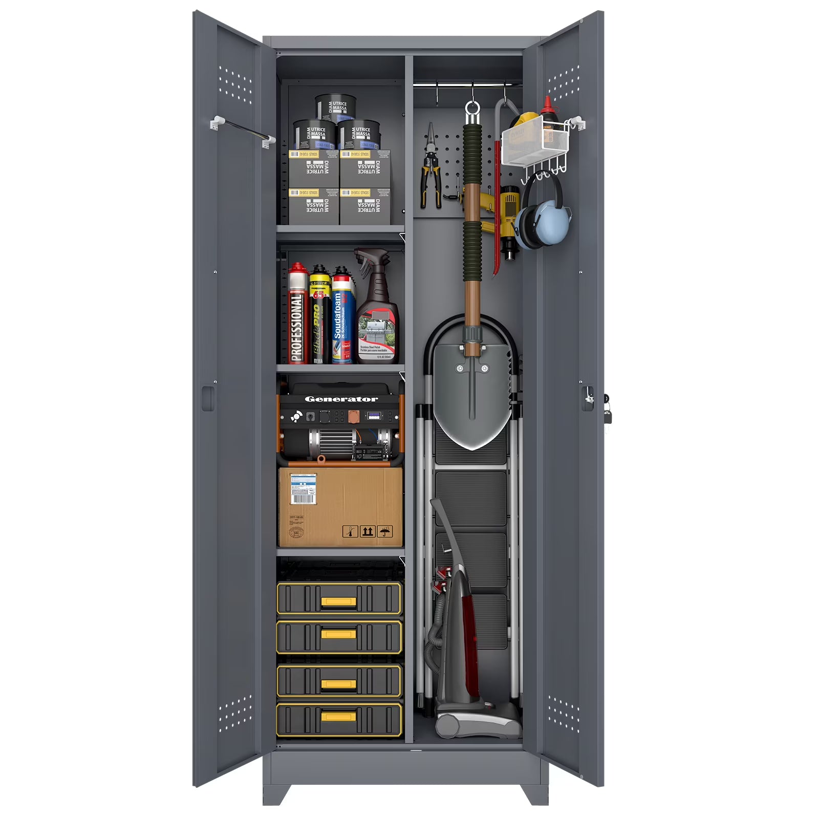 Marcree Broom Closet Storage Cabinet,Cleaning Supply Storage Cabinet,Metal Cleaning Closet Cabinet with Adjustable Shelves for Laundry Room Basement