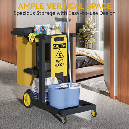 Dextrus Commercial Janitorial Trolley Cleaning Cart, 25 Gallon Capacity with Cover, for Housekeeping & Facility Maintenance, Black