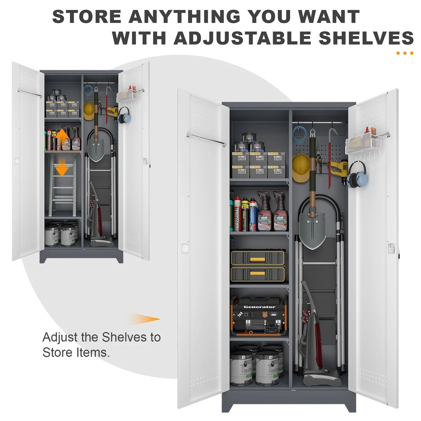 Marcree Broom Closet Storage Cabinet,Cleaning Supply Storage Cabinet,Metal Cleaning Closet Cabinet with Adjustable Shelves for Laundry Room Basement