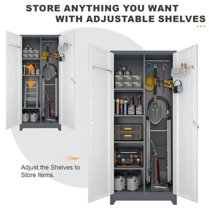 Marcree Broom Closet Storage Cabinet,Cleaning Supply Storage Cabinet,Metal Cleaning Closet Cabinet with Adjustable Shelves for Laundry Room Basement