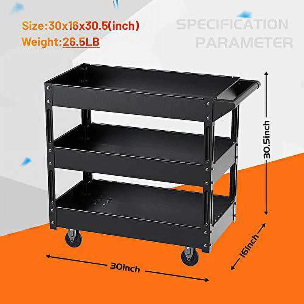 XERATH Steel 3-Shelf Multipurpose Utility/Supply/Service/Tool Cart Great for Garage, Warehouse, Cleaning, Office & Workplace [Assembled Size: 30 (L) x 16 (W) x 30.5 (H) inch]