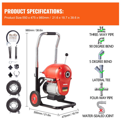 KFFKFF Drain Cleaning Machine, 120FT x 6/5 Inch, 1100W, Manual Operation - Includes 2 Steel Cables, 6 Blades, and Dual-Direction Control for Pipes 4"-8"