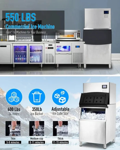 EastVita Commercial Ice Maker Machine, 550LBS Stainless Steel Under Counter Ice Machine with 300LBS Ice Storage Capacity, Self Cleaning,Ice Cube for Bar/Cafe/Restaurant