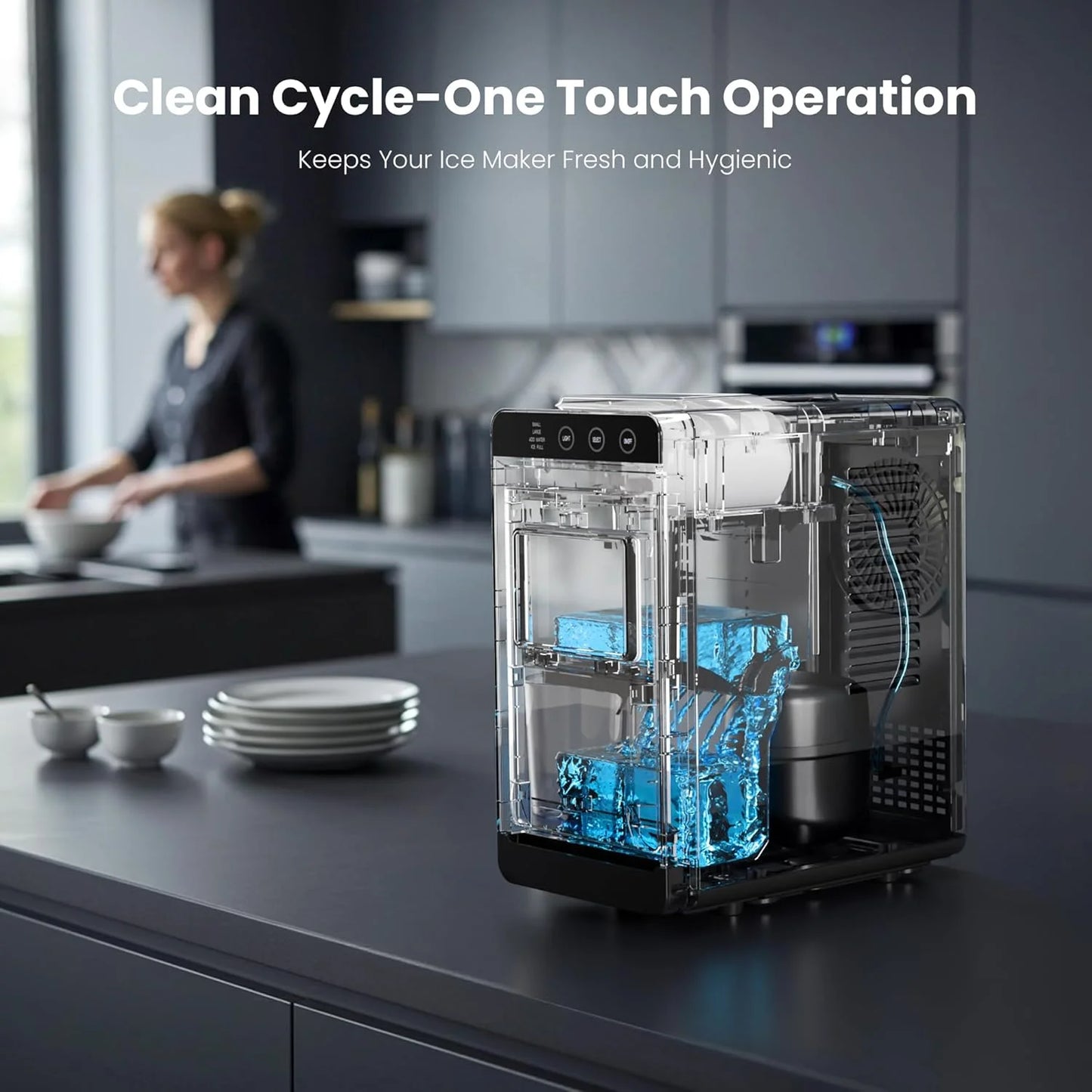 Moifoi Ice Maker Countertop, 26 lbs/24 H, 8 Pcs Ice in 6 Mins, Portable Ice Maker Machine with Self-Cleaning, Interior Lighting, 2 Sizes Bullet Ice, Black