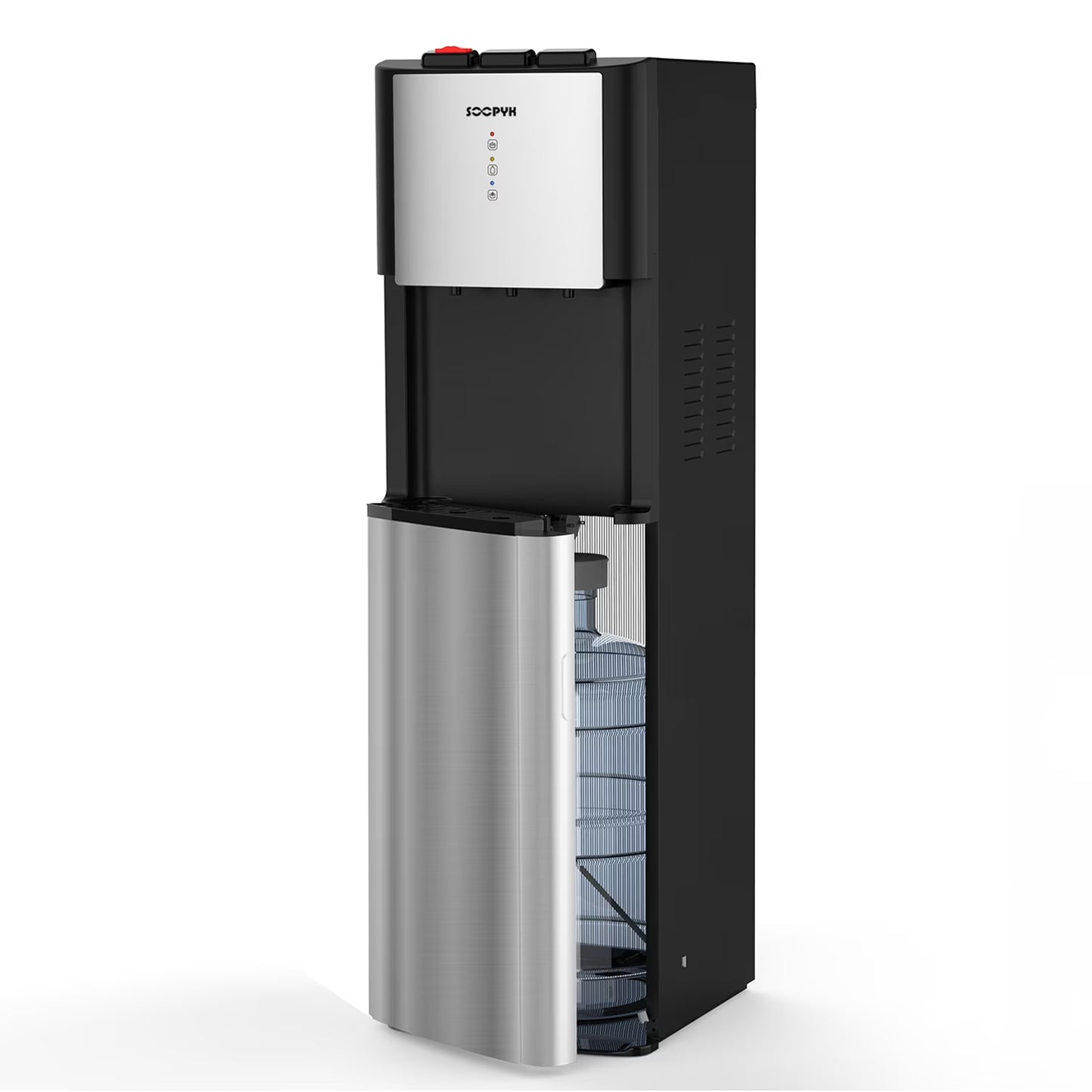 SOOPYK UV Self Cleaning Bottom Loading Water Cooler Dispenser for 5 Gallon Bottles 3 Temperatures, Child Safety Lock, LED Display with Empty Bottle Alert, Stainless Steel
