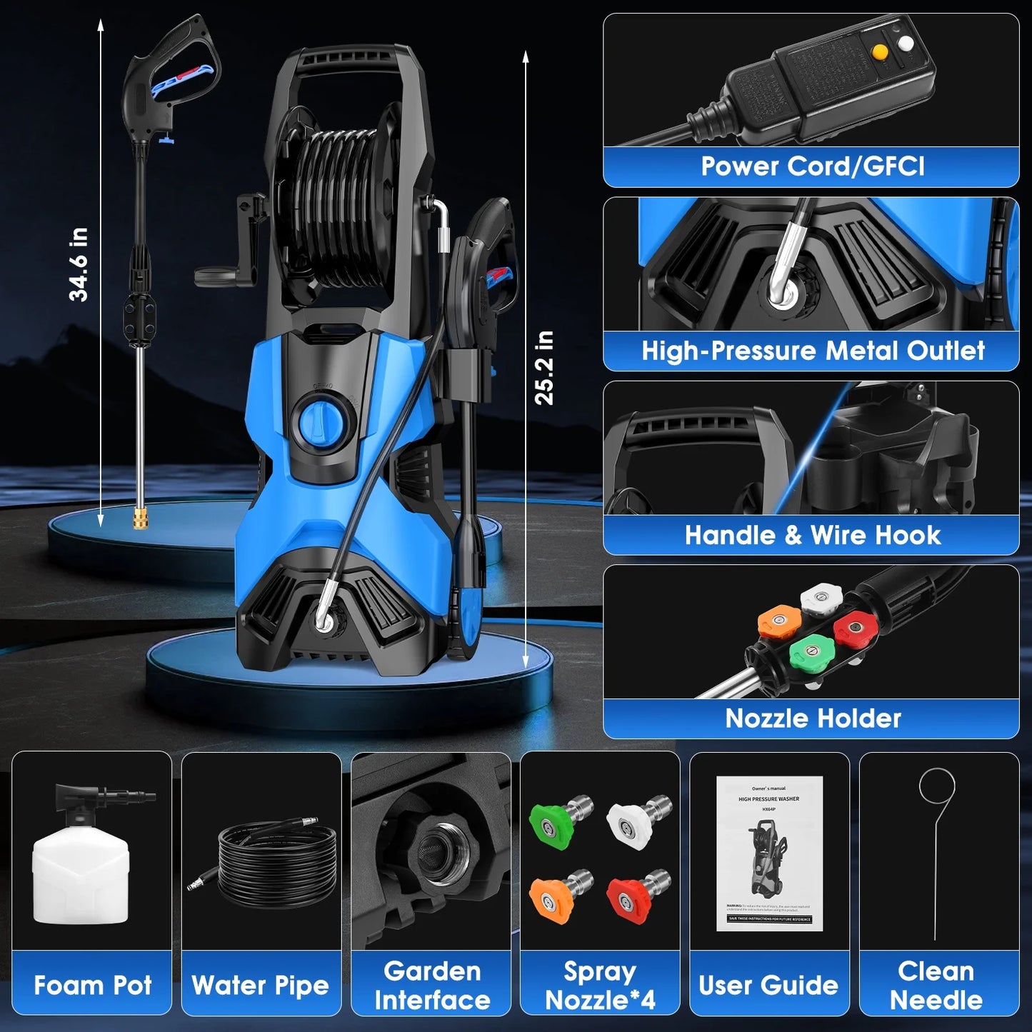 HONGGE Electric High Pressure Washer Machine 3500PSI at 2.6 GPM 110V Cold, Ideal for Cleaning Decks