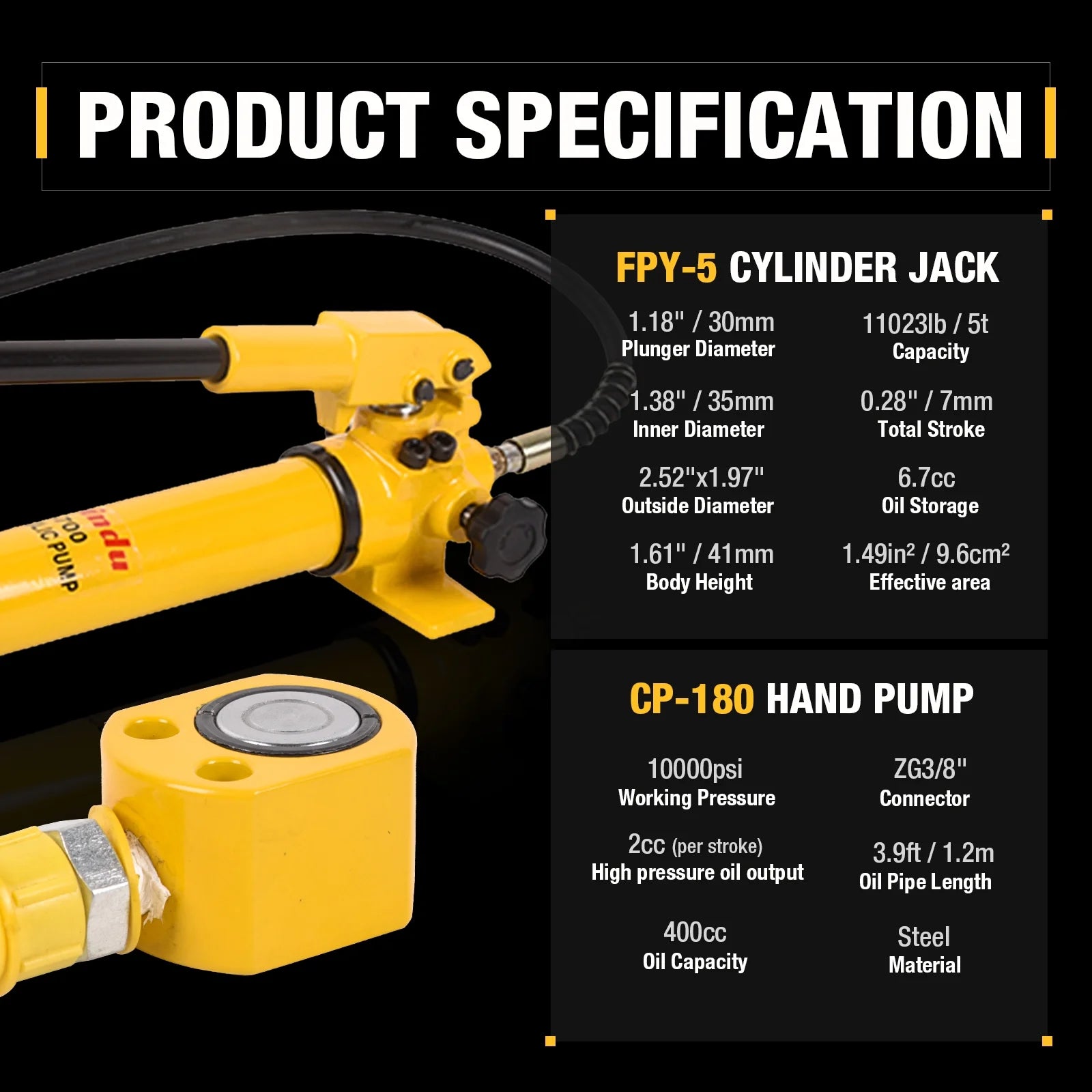 Dawot 5T 11023lbs 0.28" Low Profile Hydraulic Cylinder Jack Kit + CP-180 400cc 10000psi Manual Hydraulic Hand Pump Hydraulic Porta Power Kit for Shipbuilding, Bridge, Construction