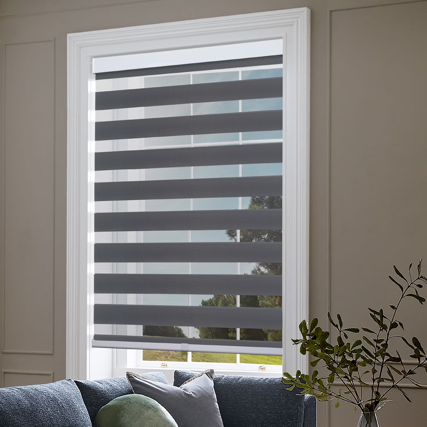 Zebra Cordless Window Blinds, Dual Layered Light Filtering Roller Shades, Easy Install Blinds, Indoor Home Decor, Pull-Down Shades for Windows, Light Control for Day & Night, White, 66"W X 72"H